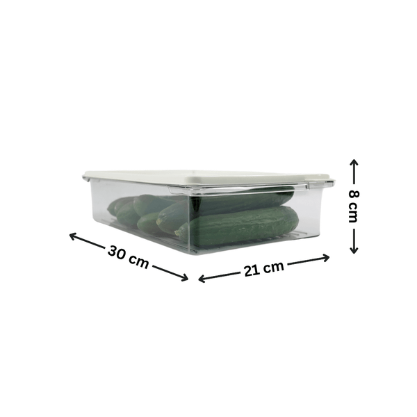 Large airtight food storage container suitable for pantry or fridge, 30x21x8 cm, space-saving.
