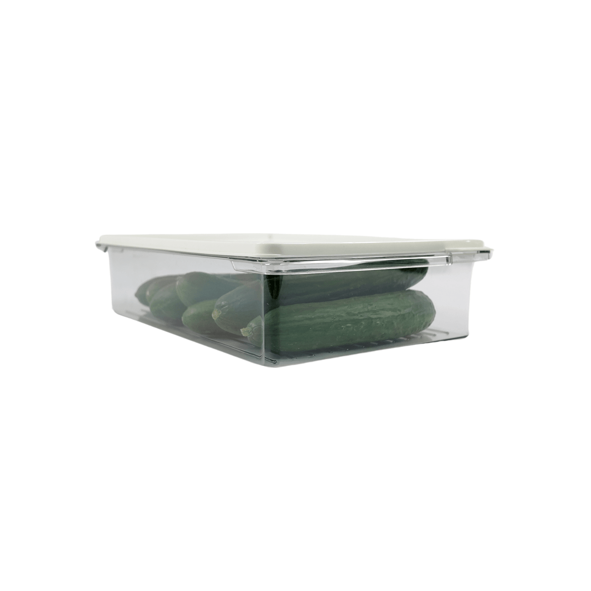 Clear plastic container with lid holding cucumbers, part of the Ultimate Fridge Storage Bundle – 13 Pack for efficient kitchen organisation.