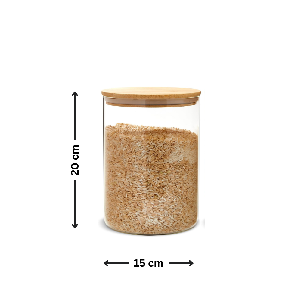 Large Glass Storage Jar with Bamboo Lid 3.2L - Kitchen Pantry Container filled with brown rice for pantry organisation.