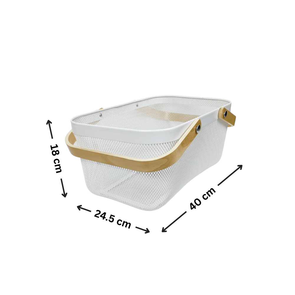 Large White Mesh Basket with Wooden Handles ideal for kitchen or pantry organisation. Enhance storage with stylish design.