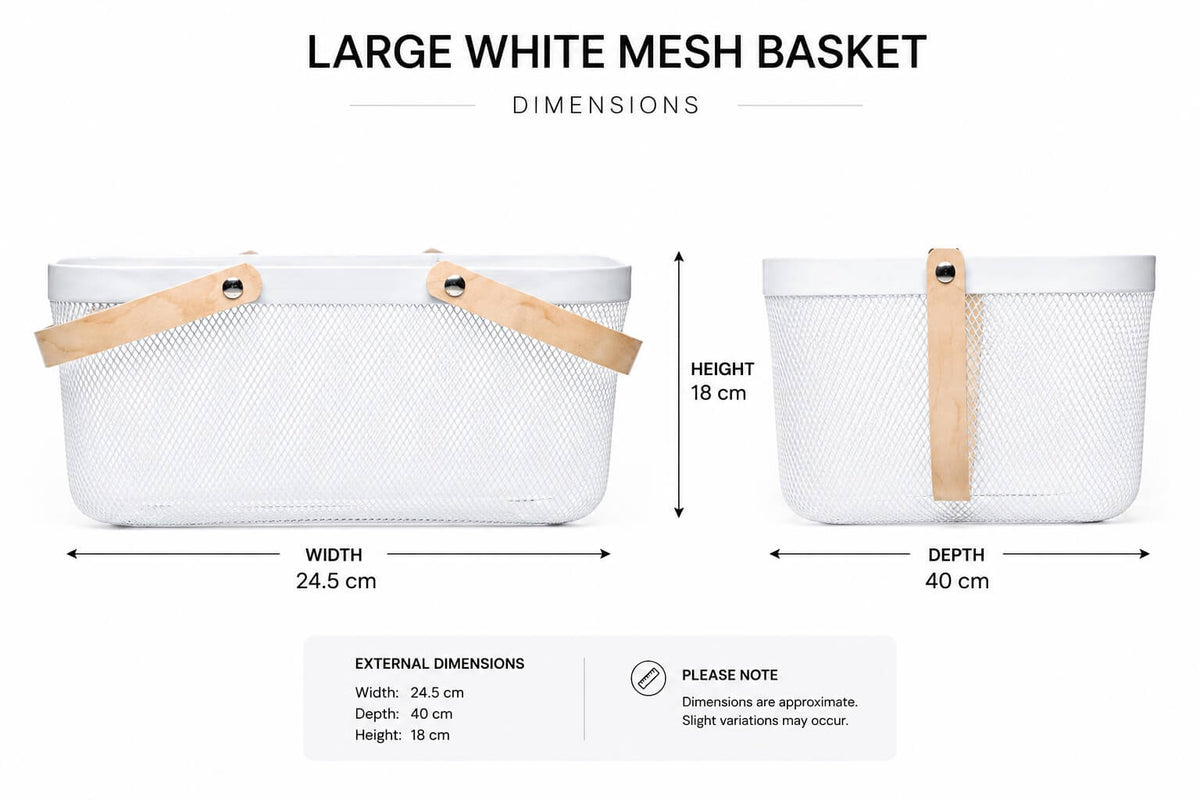 Large White Mesh Basket with Wooden Handles