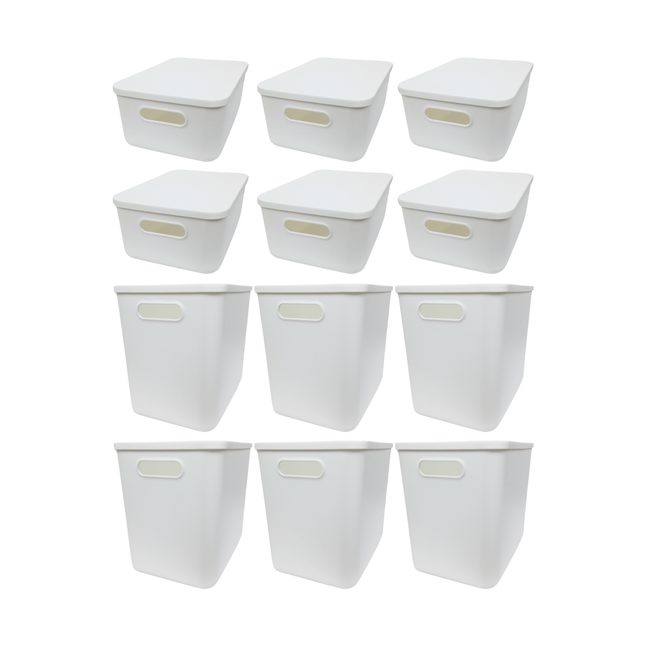 12-Pack White Storage Tubs with Lids for versatile pantry or kitchen organisation, ideal as storage organisers or under sink solutions.