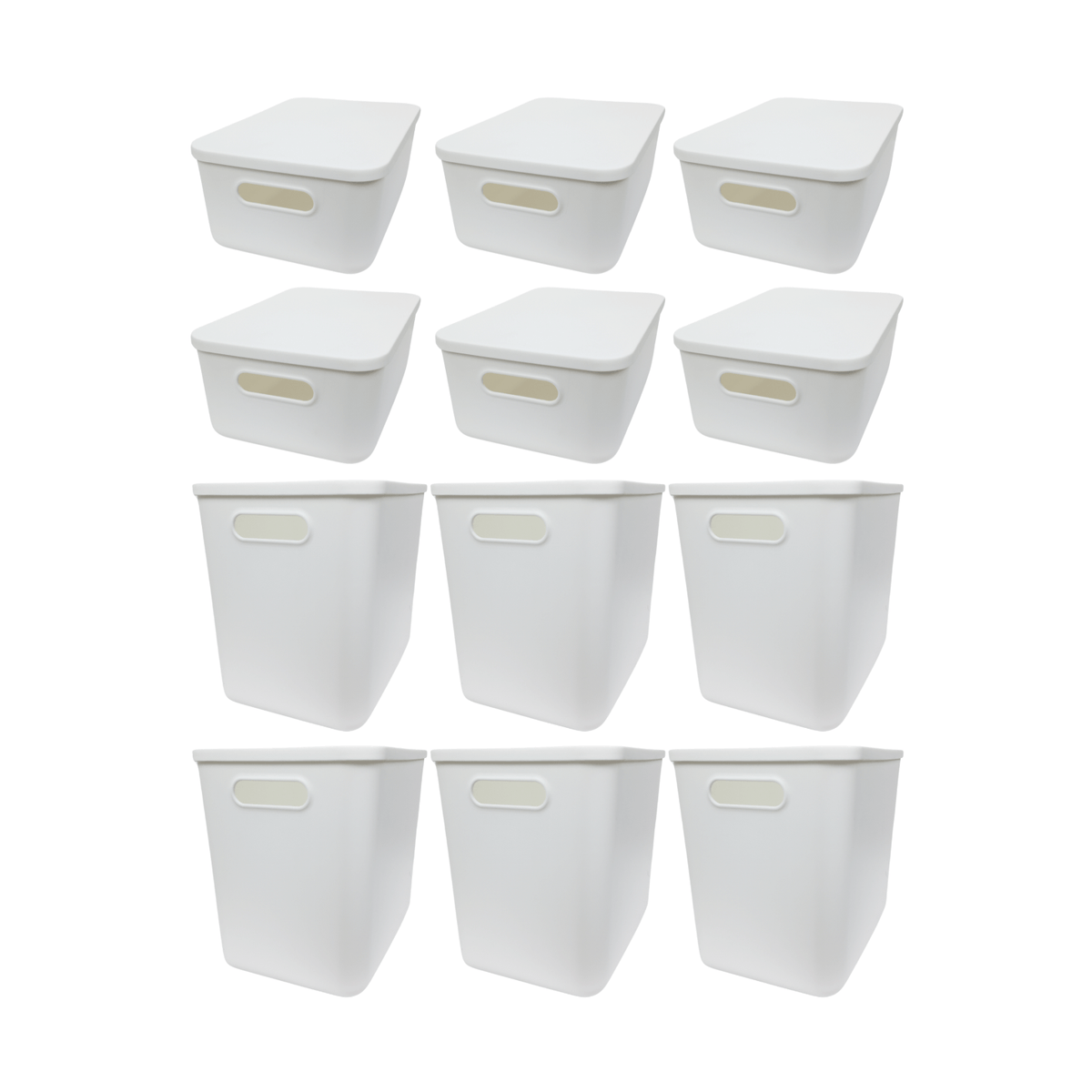 12-Pack White Storage Tubs with Lids for versatile pantry or kitchen organisation, ideal as storage organisers or under sink solutions.