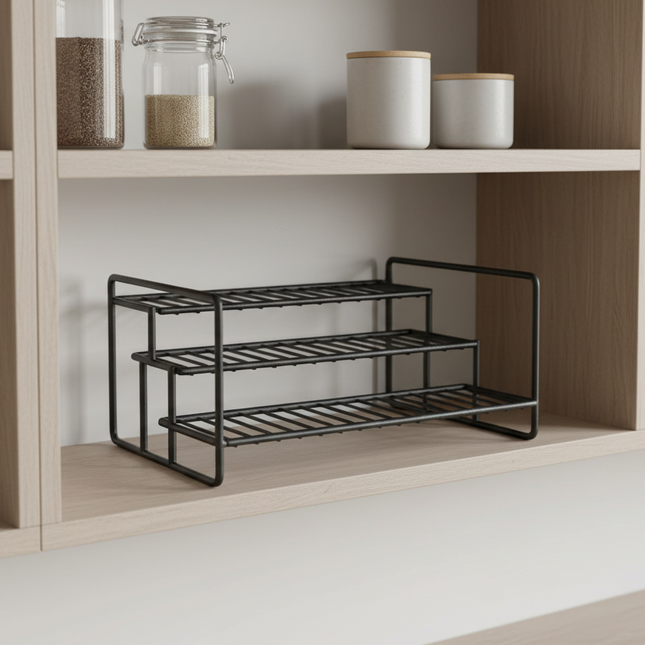 Black Metal Spice Rack on shelf used for pantry organisation with jars, perfect for efficient kitchen storage solutions.