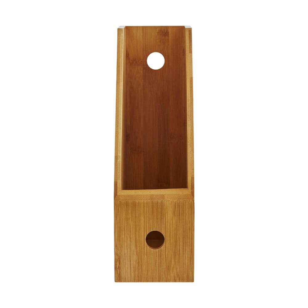 Bamboo Magazine Holder for Organised Storage used in kitchen for efficient magazine and cookbook arrangement.