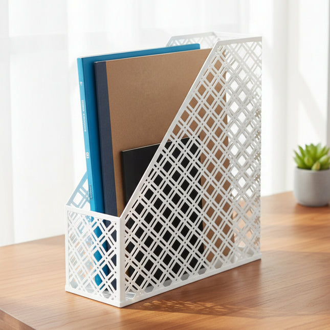 White Metal Magazine File Holder for Organised Storage on desk, ideal for kitchen organisation and pantry storage.