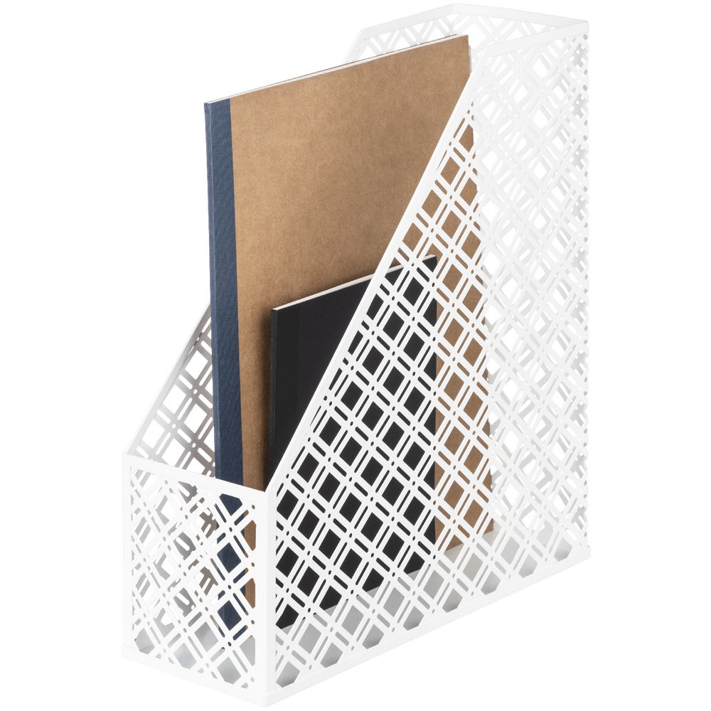 White Metal Magazine File Holder for Organised Storage in home office setting, perfect for kitchen or pantry organisation needs.