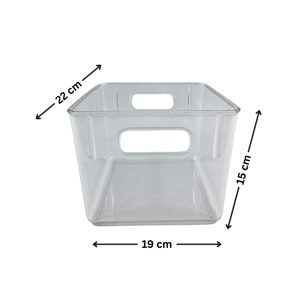 Transparent plastic bin measuring 22cm x 19cm x 15cm, part of 14-Piece Fridge Organisation Starter Pack for kitchen storage.