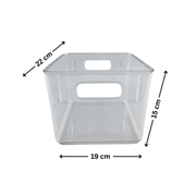 Transparent plastic bin measuring 22cm x 19cm x 15cm, part of 14-Piece Fridge Organisation Starter Pack for kitchen storage.