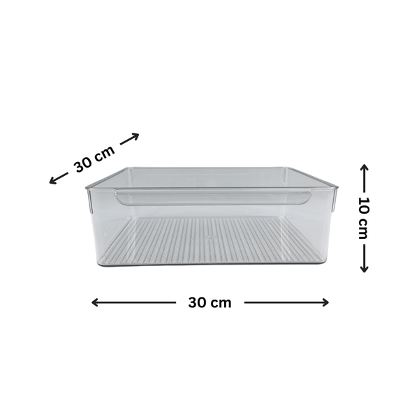 Clear XL storage tub with lip, ideal for pantry organization, kitchen, or fridge.