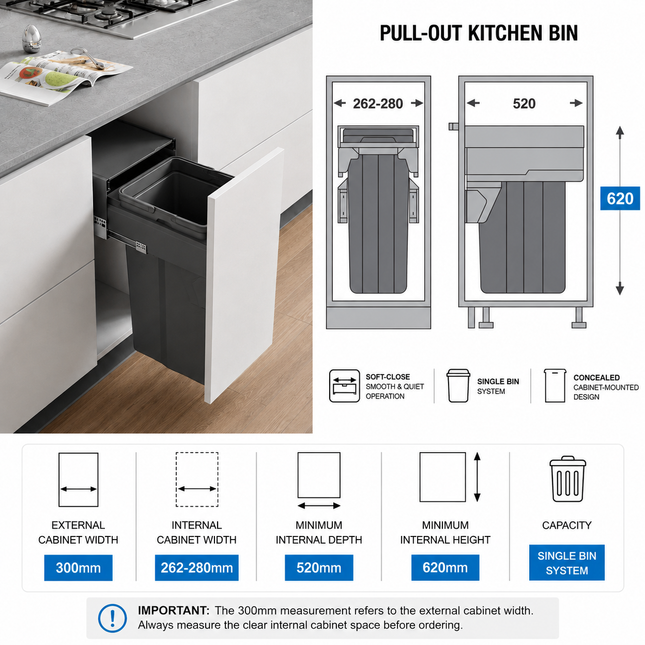 Pull-Out Kitchen Bin – 300mm Cabinet (32L)