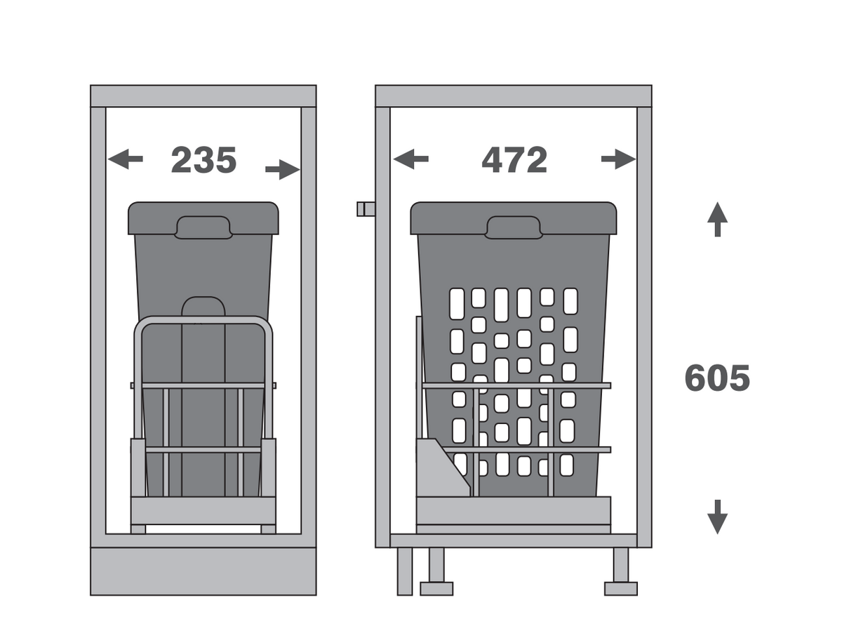 A gray line-drawing diagram showing two views of a laundry hamper or washing machine interior with dimension arrows and measurements 235, 472, and 605 on a white background.