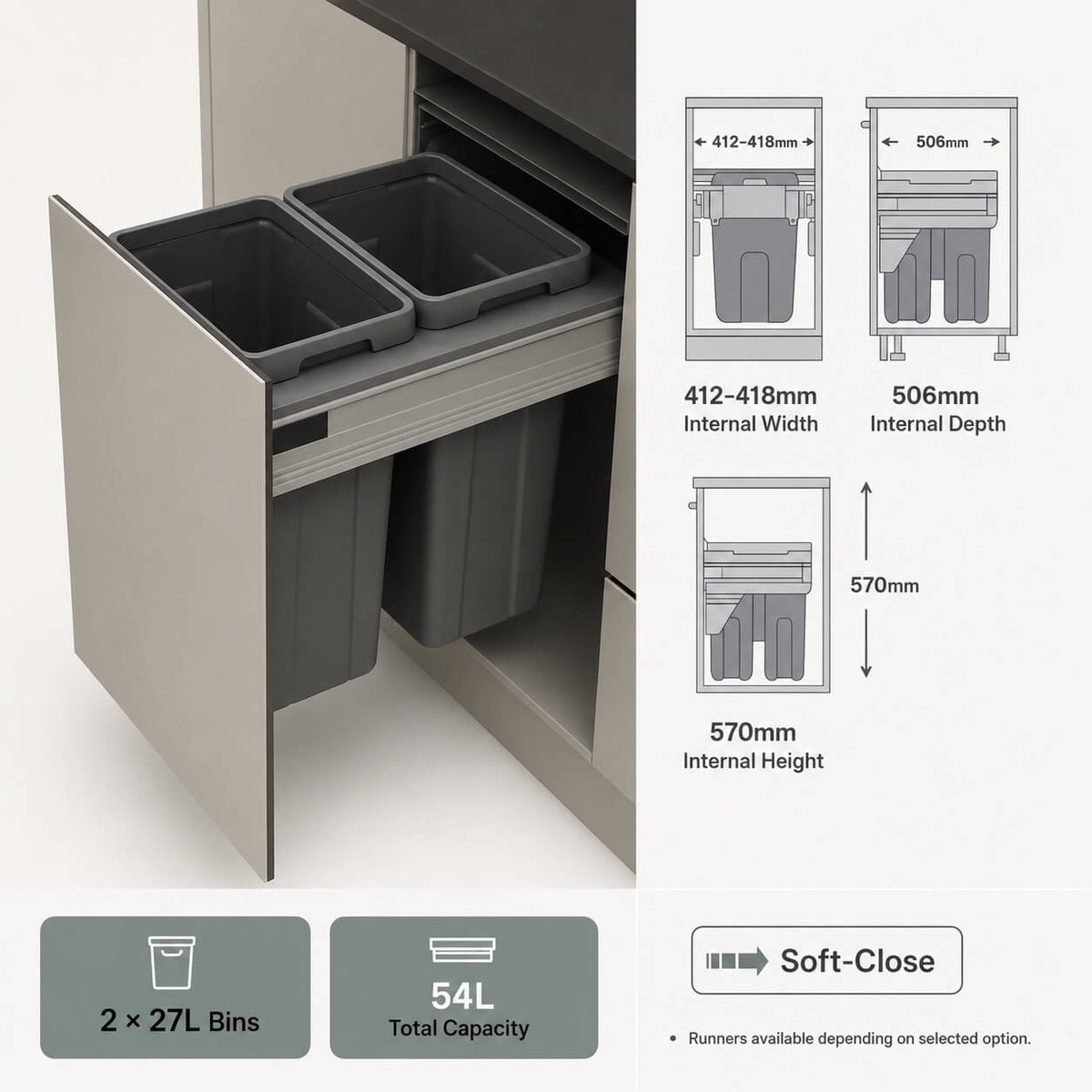 Pull-Out Kitchen Bin – 450mm Cabinet (2 × 27L)