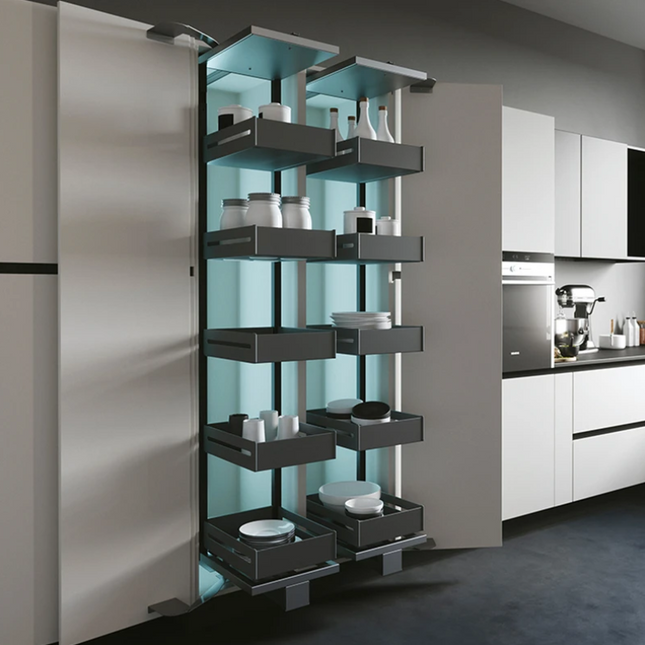 Slide Out Tall Pantry Unit 450mm & 600mm in modern kitchen, showcasing efficient pantry organisation with storage organisers.