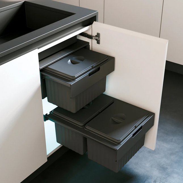 Dual Pull-Out Kitchen Bin – Fits 450mm Cabinet shown installed under a sink for efficient kitchen organisation and waste management.