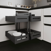 Complete Pull-Out Corner Unit fits 900mm+ cabinets, enhancing kitchen organisation with efficient storage for dishes and cookware.