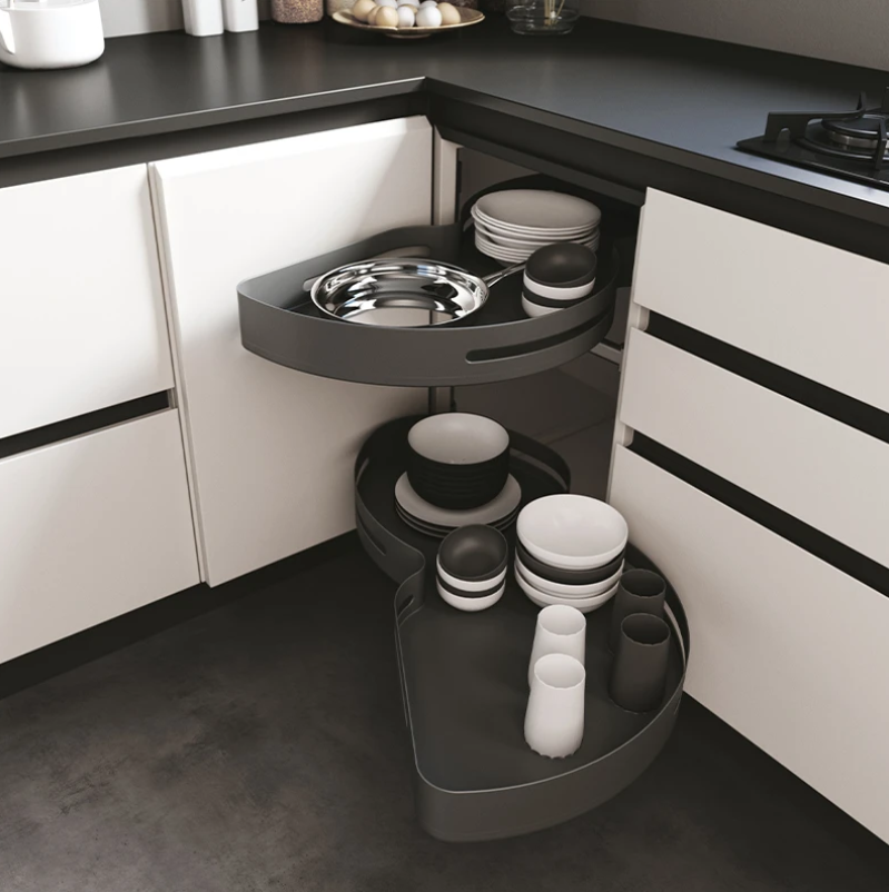 Swivel Corner Unit Left and Right Hand – Corner Cabinet Storage with plates and bowls for kitchen organisation.