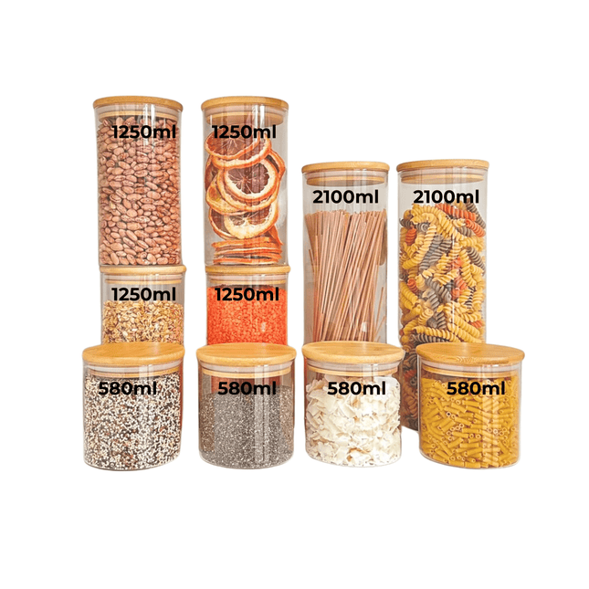 Round Bamboo Glass Jars Small Pantry Set – 10 Pack ideal for pantry organisation, featuring bamboo lids and assorted storage capacities.
