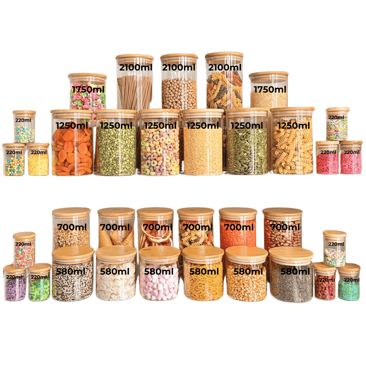 Alt Tag: Round Bamboo Glass Pantry Container Set – 35 Pack for kitchen and pantry organisation with storage organisers.