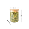 Round glass jar with bamboo lid, holds pantry or fridge foods, 10x15 cm size.
