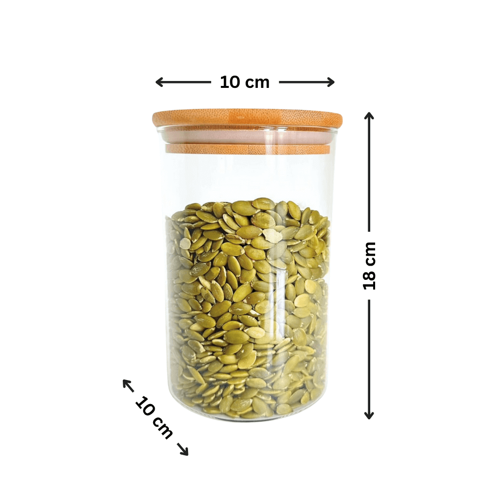 Round Bamboo Glass Pantry Container Set – 35 Pack, ideal for pantry organisation, featuring a bamboo lid and clear glass for kitchen use.
