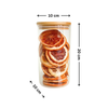 Round glass pantry jar with bamboo lid, holds dried fruit, 20cm x 10cm dimensions, storage organizer.