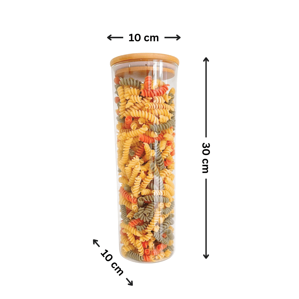 Tall round bamboo glass jar filled with spiral pasta, ideal for pantry organisation. Part of small pantry set, 10 pack for kitchen storage.