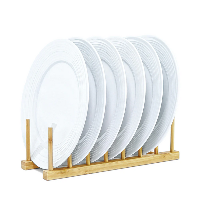 Compact Bamboo Dish & Pot Lid Rack – 5 Grid holding plates, perfect for kitchen organisation and enhancing pantry storage.