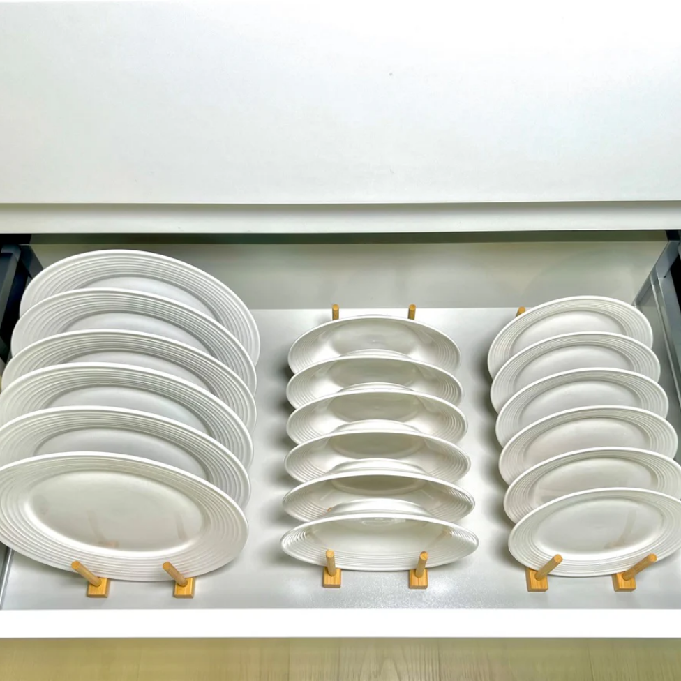 Bamboo Dish & Pot Lid Rack – 5 Grid displayed in a kitchen drawer, showcasing efficient dish storage and kitchen organisation.