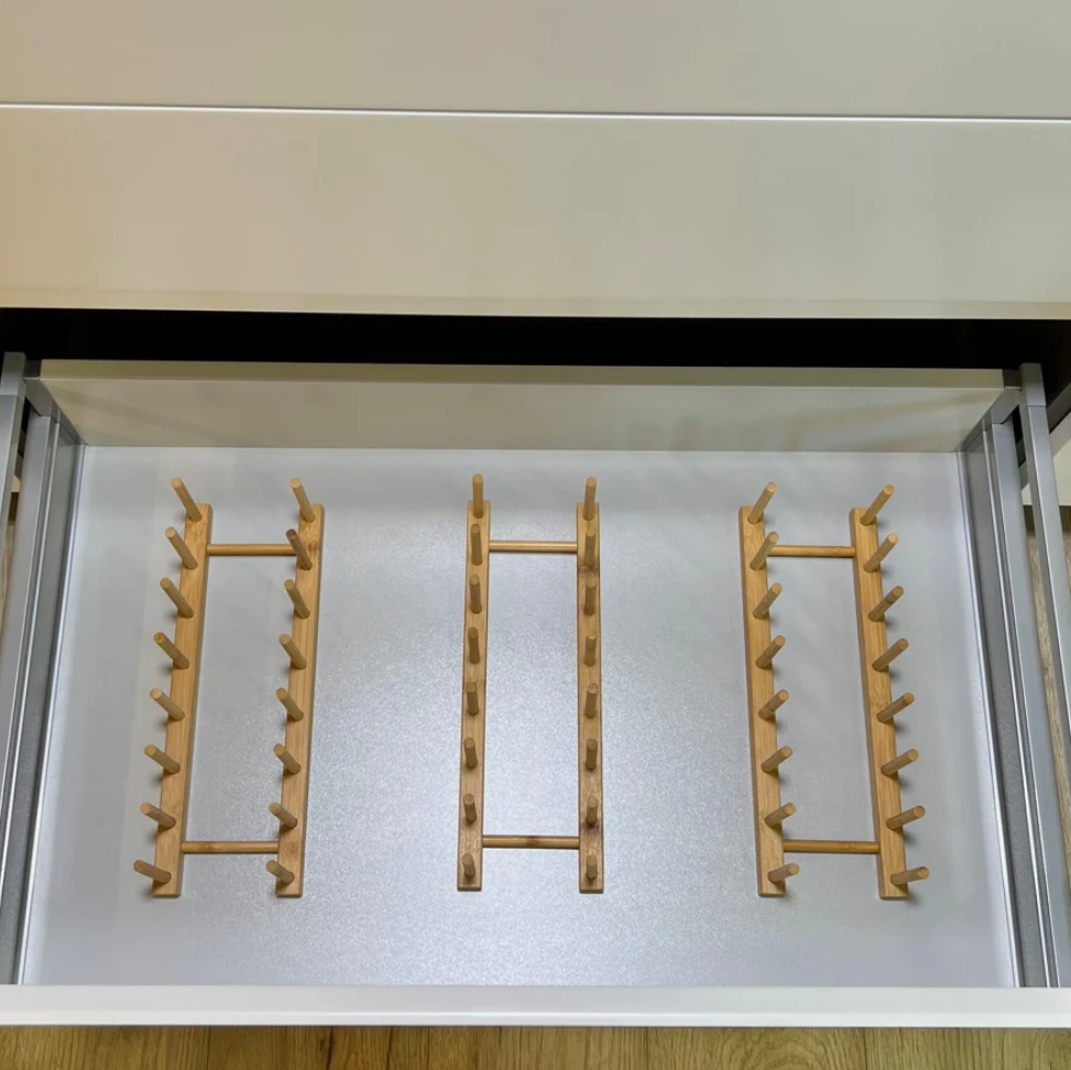 Bamboo Dish & Pot Lid Rack – 5 Grid in kitchen drawer, perfect for storage organisers and enhancing pantry organisation.