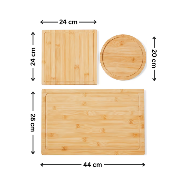 Set of 3 bamboo cutting boards, various sizes, ideal for kitchen organization.