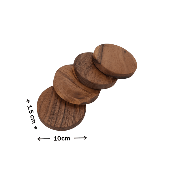 Set of four round acacia wood coasters, 10cm diameter, 1.5cm thick, kitchen use.