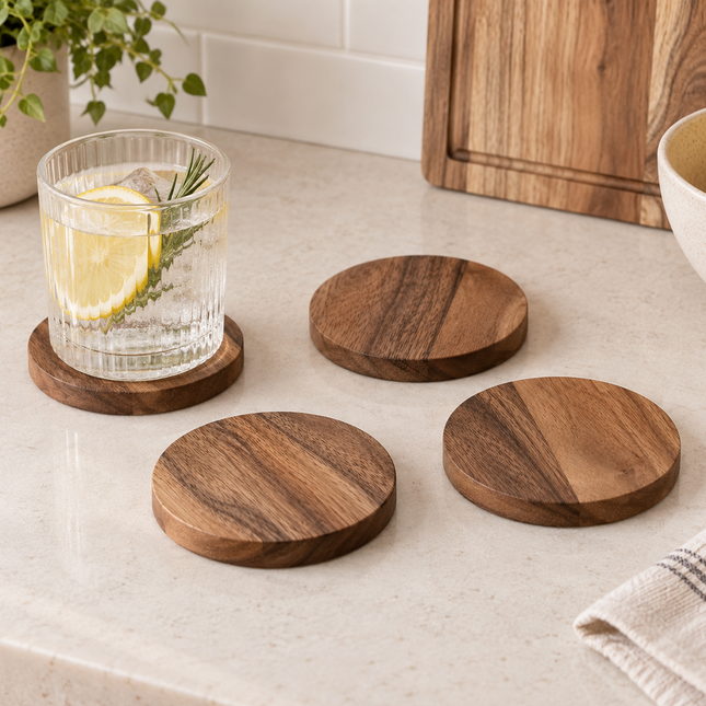 Four round wooden coasters with natural grain patterns arranged on a light beige countertop, with a glass of water and lemon on one coaster in a kitchen setting.