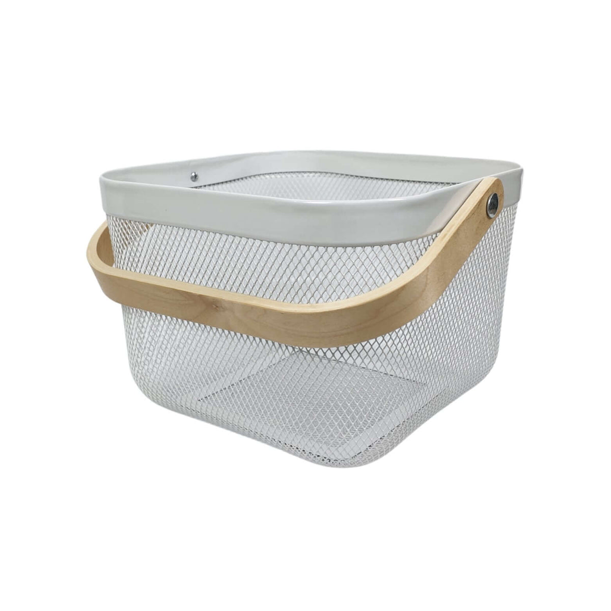 Small White Mesh Basket with Wooden Handle for versatile kitchen and pantry organisation, ideal for under sink storage solutions.