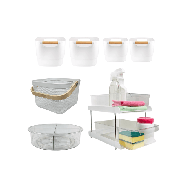 Under Sink Storage Starter Set – 7 Pack includes bins and organisers for efficient under sink kitchen or pantry storage.