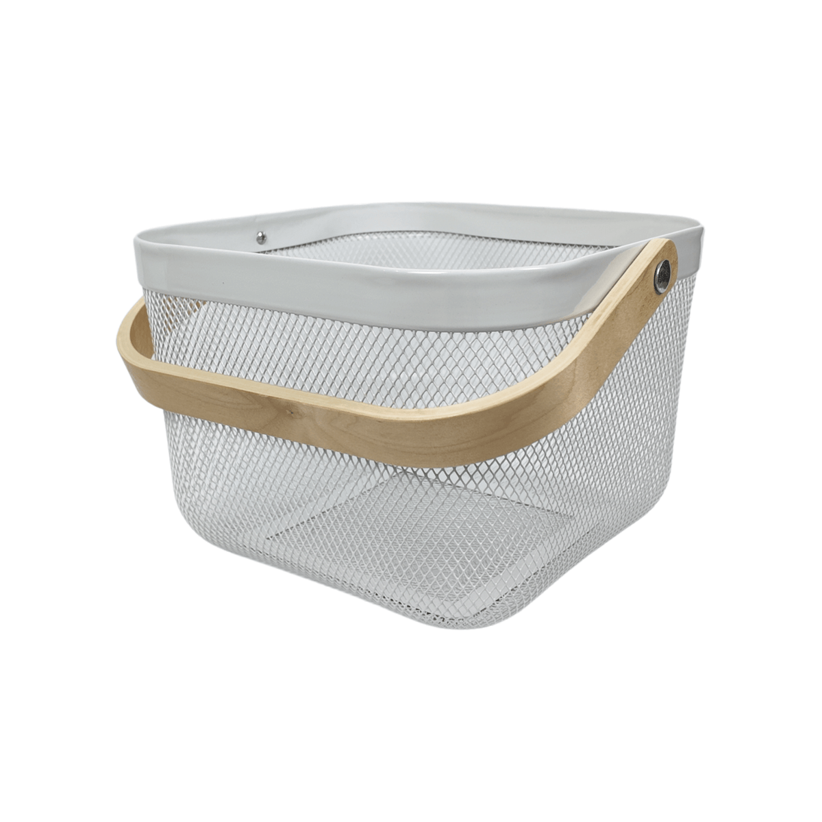Metal mesh basket with wooden handle for kitchen organisation, part of Under Sink Storage Starter Set – 7 Pack, ideal for pantry use.