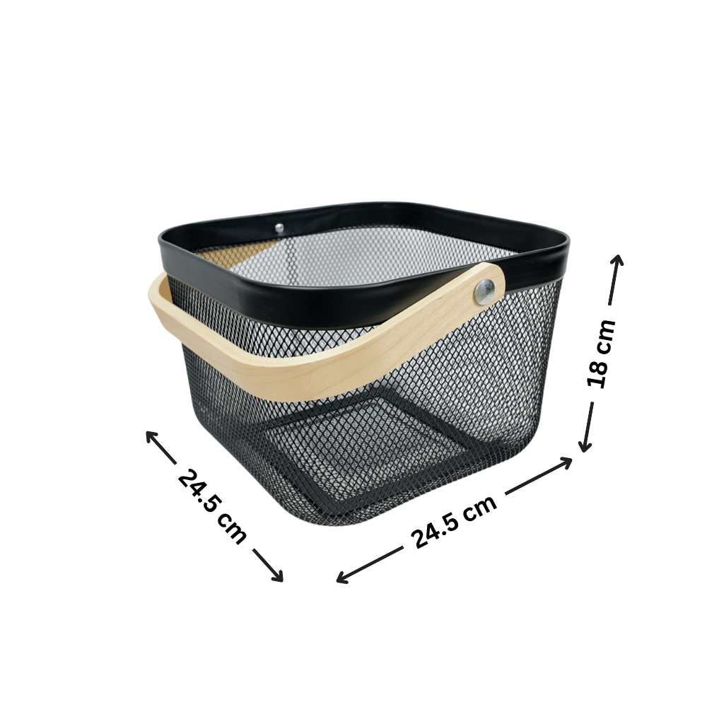 Small Black Handy Storage Basket with Wooden Handle ideal for kitchen and pantry organisation, fits perfectly in drawers and under sink spaces.