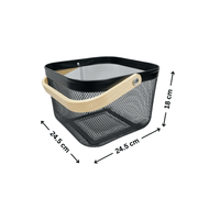 Small Black Handy Storage Basket with Wooden Handle ideal for kitchen and pantry organisation, fits perfectly in drawers and under sink spaces.