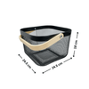 Small black metal storage basket with wooden handle, ideal for kitchen, bathroom, or pantry organizing. Space-saving home storage solution.