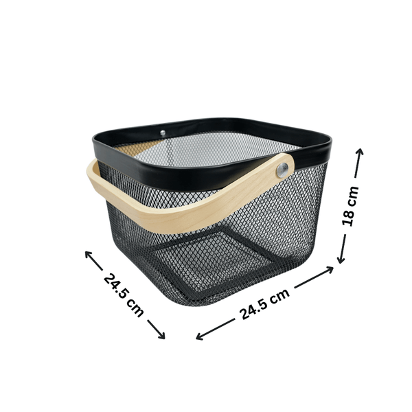 Small black metal storage basket with wooden handle, ideal for kitchen, bathroom, or pantry organizing. Space-saving home storage solution.