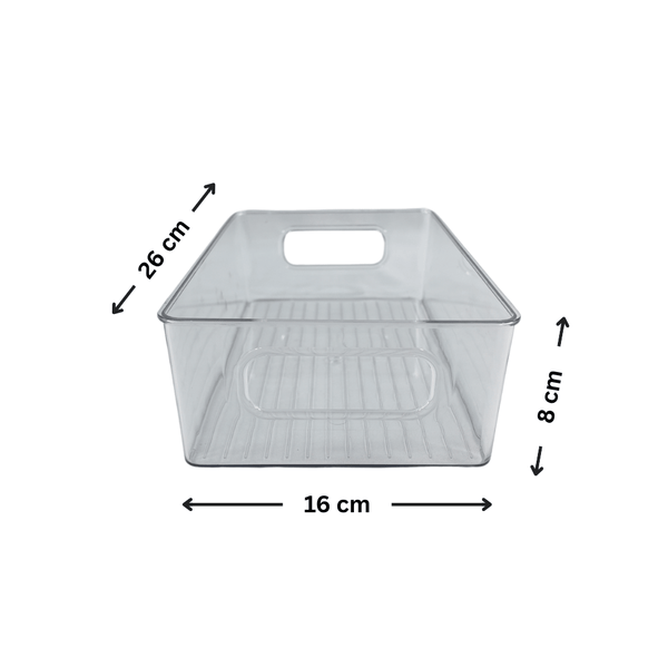 Clear small under-sink storage tub, 16x26x8 cm, for kitchen organization.