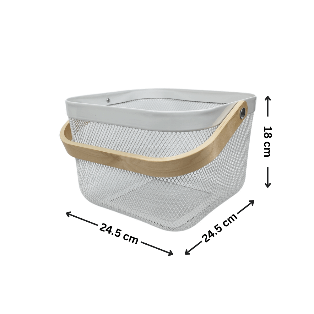 Small White Mesh Basket with Wooden Handle for versatile kitchen or pantry organisation and drawer organisers.