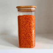 Square Bamboo Glass Pantry Jar Set – 5 Stackable Sizes filled with red lentils for efficient pantry organisation and kitchen storage.