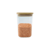 Square glass storage jar with bamboo lid, ideal for pantry and fridge organization.
