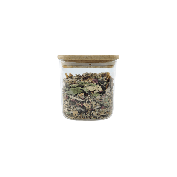 Square glass storage jar with bamboo lid, 750ml, ideal for pantry or fridge storage.