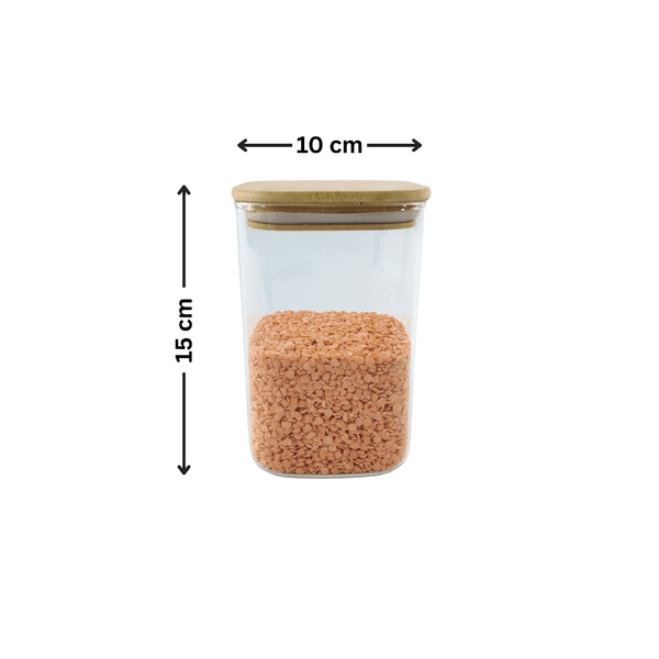 Square glass jar with bamboo lid, 1100ml, filled with lentils, ideal for stylish home organization in kitchen or pantry.