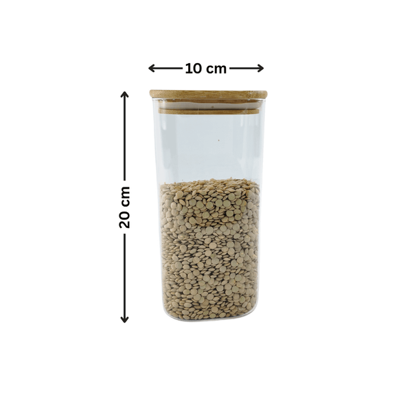 Square glass jar with bamboo lid, 1250ml, filled with lentils, ideal for pantry storage and home organization, stylish kitchen solution