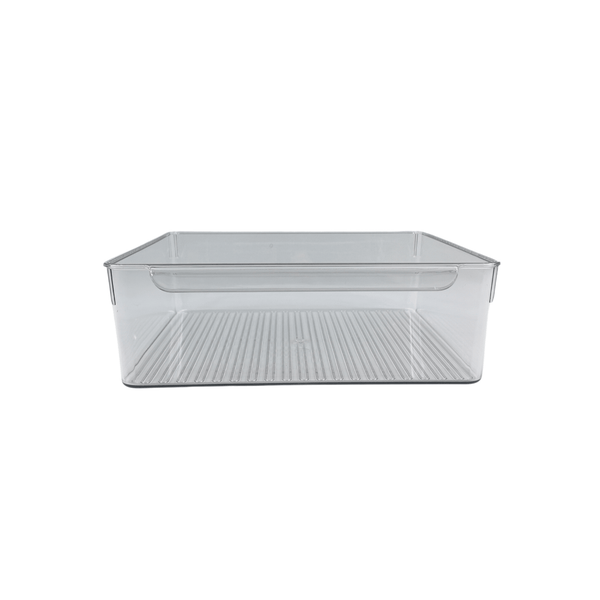 XL clear storage tub with lip for pantry, fridge, or laundry; space-saving organizer.