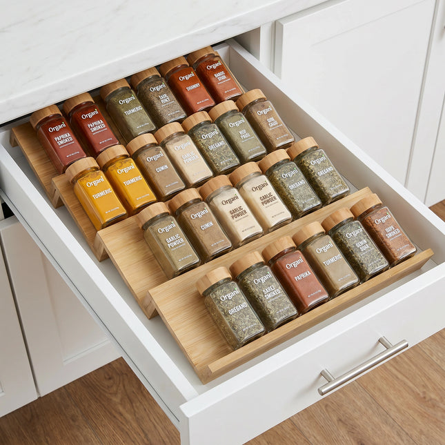 Bamboo Drawer Spice Rack – 4-Tier Organiser Set