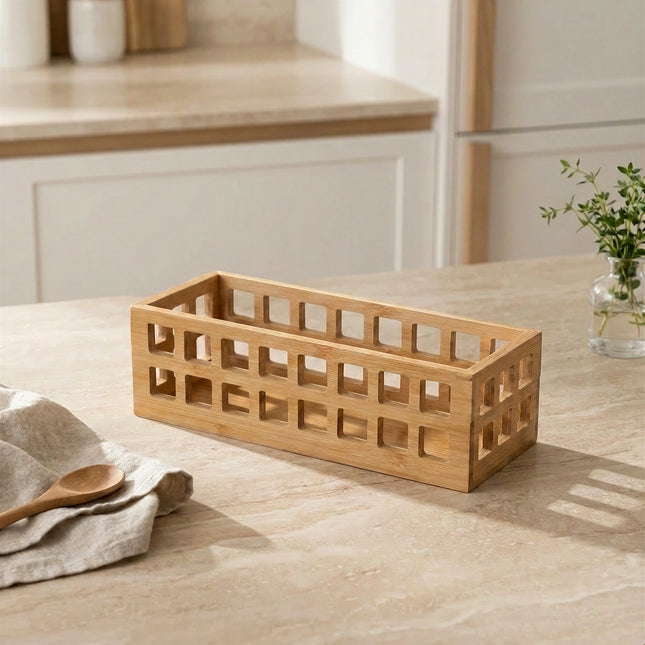 Wooden basket on a wooden table with a neutral background